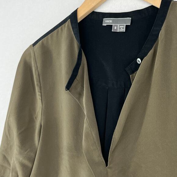VINCE Top Women 8 Silk Crepe de Chine Colorblock Tunic Keyhole Long Sleeve Black - Picture 8 of 16
